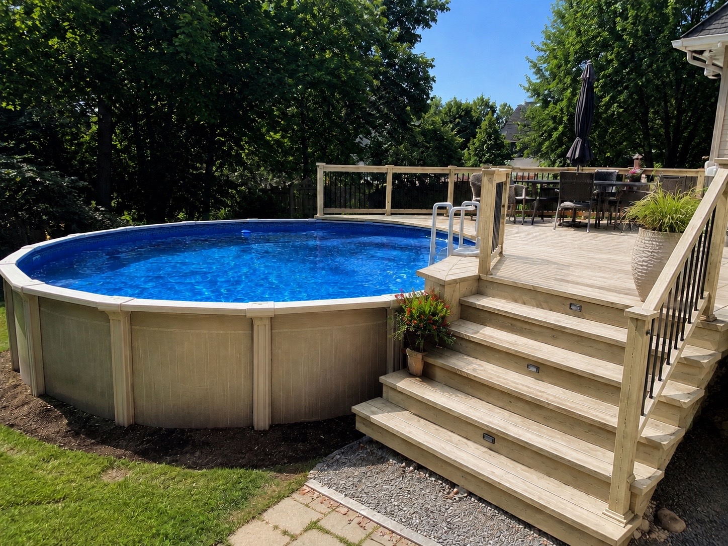 Above ground pool with wood deck